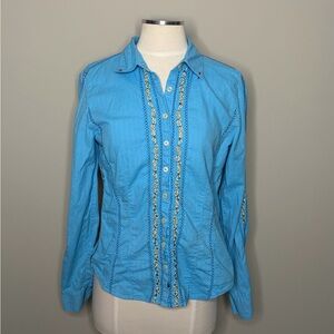 3J Workshop (Johnny Was) Blue Embroidered Button Down Top, Medium